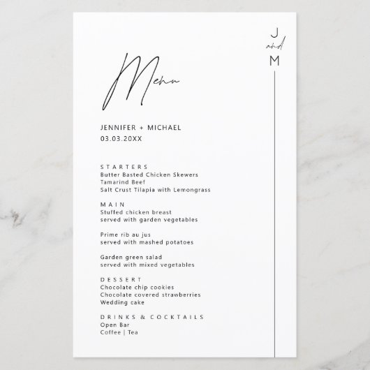 Carte de menu Initiales Modernes Minimalistes (Devant)