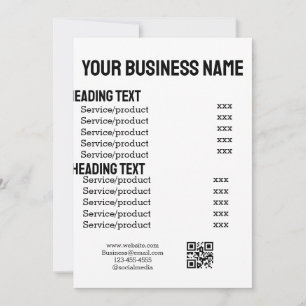 carte de menu liste de prix des produits de servic