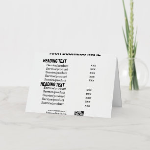 carte de menu liste de prix des produits de servic