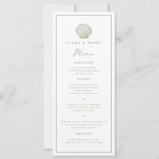 Carte de menu longue vert sauge pour mariage côtie (Devant)
