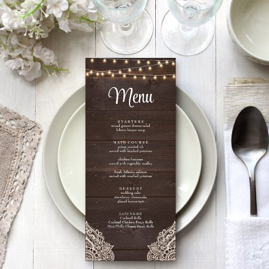 Carte de Menu Lumière à Cordes en Bois Rustique