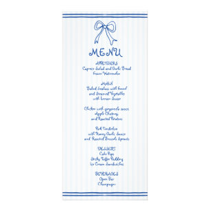 Carte de menu mariage à arc à griffes bleu et blan