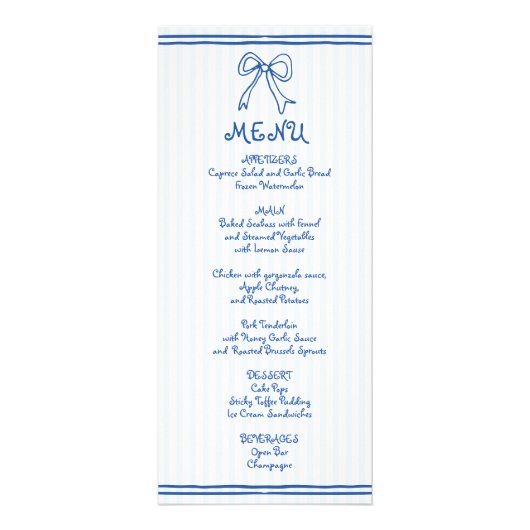 Carte de menu mariage à arc à griffes bleu et blan (Devant)