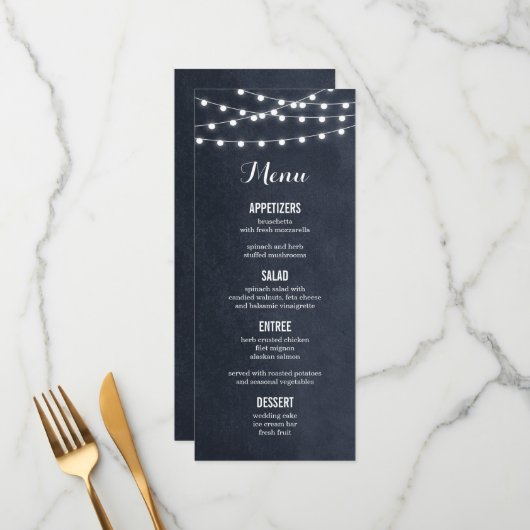 Carte de menu Mariage à chaîne bleue de minuit (Devant/Arrière en situation)