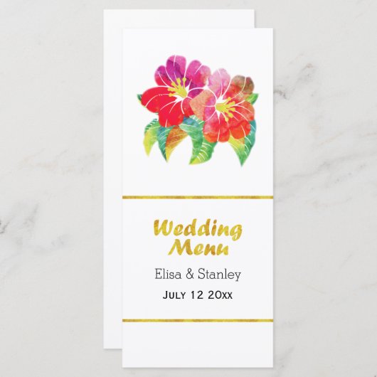 Carte de menu mariage à feuille d'or d'aquarelle (Devant / Derrière)