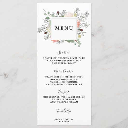 carte de menu mariage à fleurs botaniques (Devant)