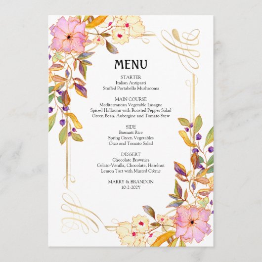 Carte de menu Mariage à fleurs de printemps (Devant)