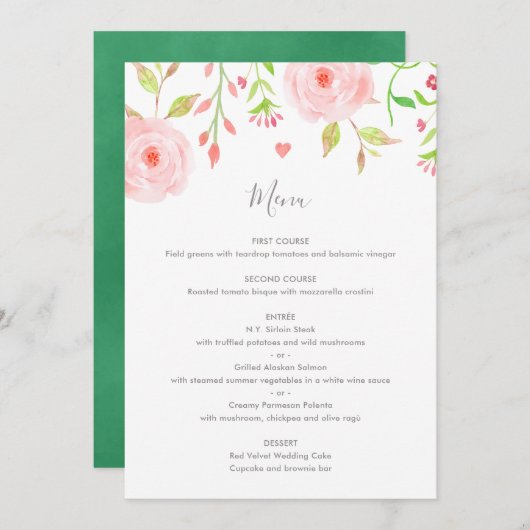 Carte de menu Mariage à fleurs sucrées en rose et  (Devant / Derrière)
