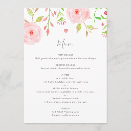 Carte de menu Mariage à fleurs sucrées en rose et  (Devant)