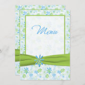 Carte de menu Mariage à fleurs vertes, bleues et b (Devant / Derrière)