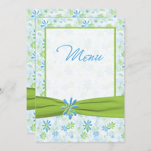 Carte de menu Mariage à fleurs vertes, bleues et b (Devant / Derrière)
