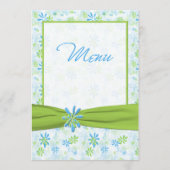 Carte de menu Mariage à fleurs vertes, bleues et b (Devant)