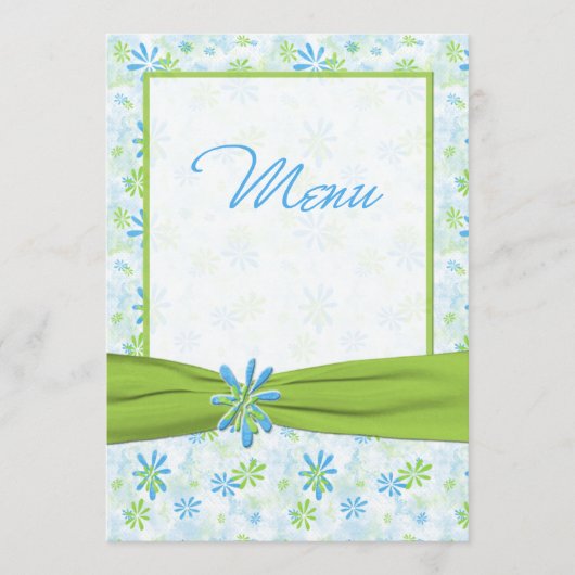 Carte de menu Mariage à fleurs vertes, bleues et b (Devant)