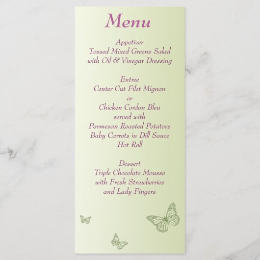 Carte de menu Mariage à papillon vert violet (Dos)