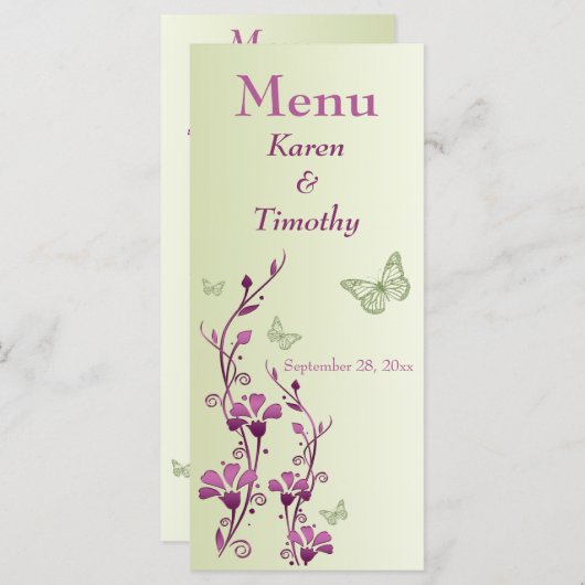 Carte de menu Mariage à papillon vert violet (Devant / Derrière)