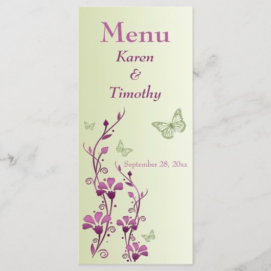 Carte de menu Mariage à papillon vert violet (Devant)