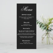 Carte de menu Mariage à script élégant noir et bla (Debout devant)
