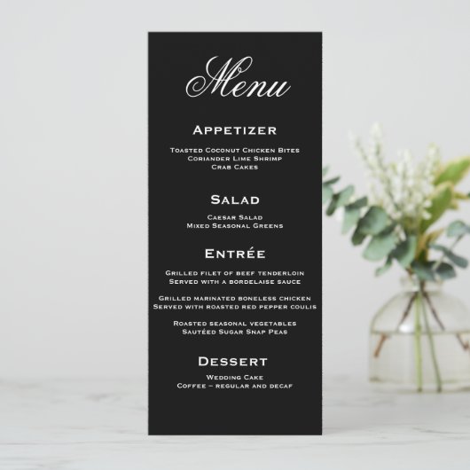 Carte de menu Mariage à script élégant noir et bla (Debout devant)