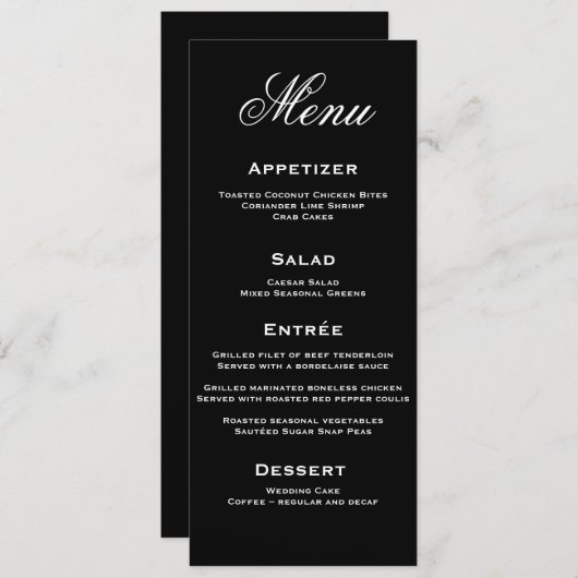 Carte de menu Mariage à script élégant noir et bla (Devant / Derrière)