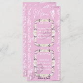 Carte de menu mariage à script floral rose (Devant / Derrière)