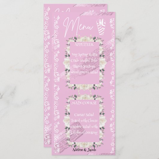 Carte de menu mariage à script floral rose (Devant / Derrière)