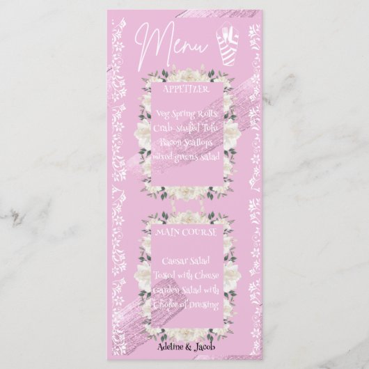 Carte de menu mariage à script floral rose (Devant)
