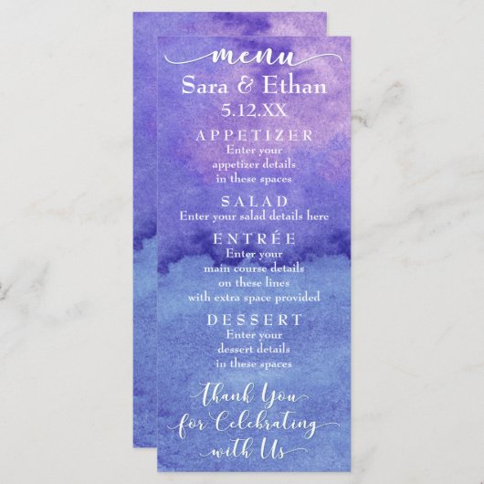 Carte de menu Mariage Abstrait couleur d'aquarelle (Devant / Derrière)