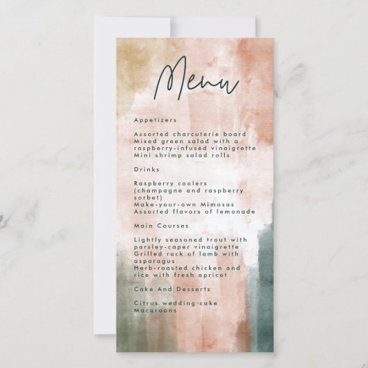 Carte de menu Mariage Abstrait de brosse à l'aquar (Devant)