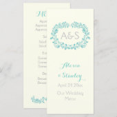 Carte de menu mariage Aqua blue feuillage frame (Devant / Derrière)