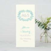 Carte de menu mariage Aqua blue feuillage frame (Debout devant)