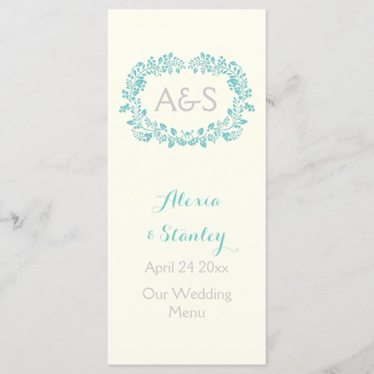 Carte de menu mariage Aqua blue feuillage frame (Devant)
