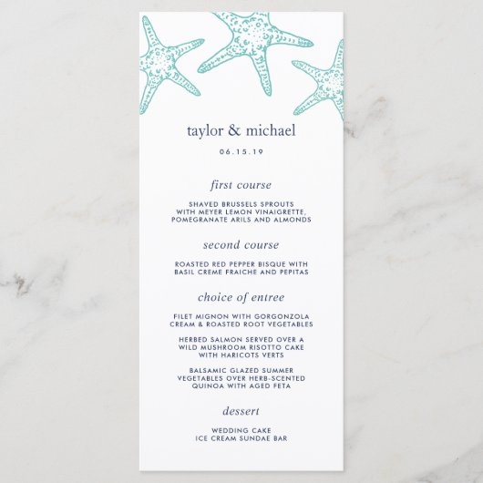 Carte de menu Mariage Aqua & Navy Starfish (Devant)