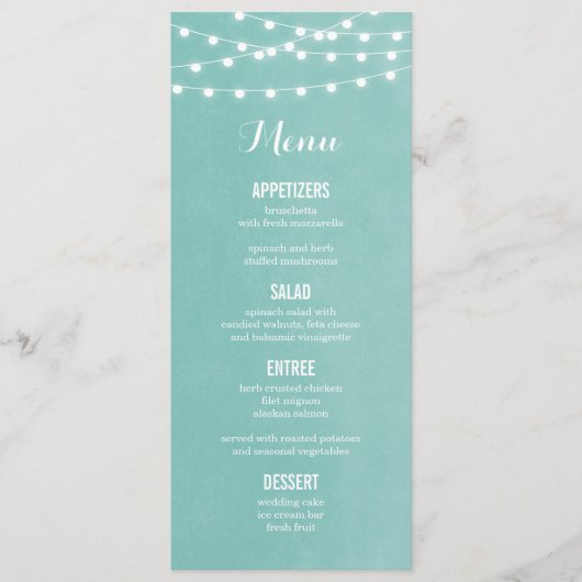 Carte de menu Mariage Aqua String Lights (Devant)
