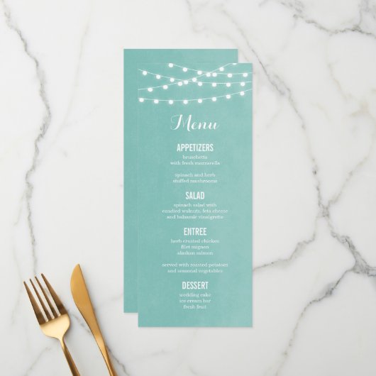 Carte de menu Mariage Aqua String Lights (Devant/Arrière en situation)