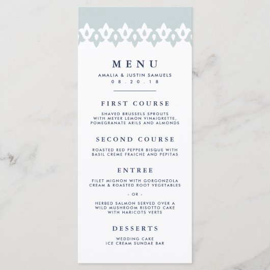 Carte de menu Mariage Arabesque | Bleu clair (Devant)