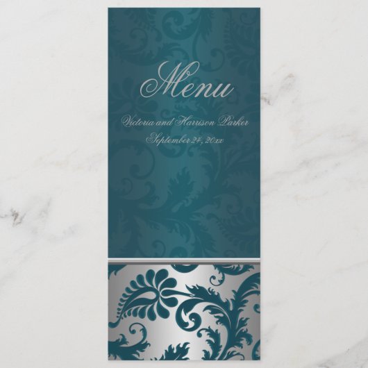 Carte de menu Mariage Argent et Turquoise Damask I (Devant)