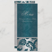 Carte de menu Mariage Argent et Turquoise Damask I (Devant / Derrière)