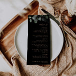 Carte de menu Mariage Black Formal Minimal Eucalyp<br><div class="desc">Cette carte de menu noire minimaliste à eucalyptus mariage est parfaite pour compléter un mariage rustique. Le design présente un feuillage d'eucalyptus vert aquarelle dans un arrière - plan noir.</div>
