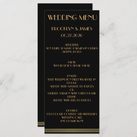 Carte de menu Mariage Black Gold Great Gatsby (Devant / Derrière)