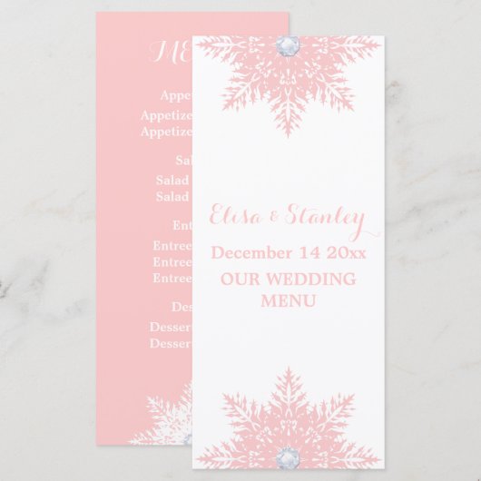 Carte de menu mariage blanc rose flocon moderne (Devant / Derrière)
