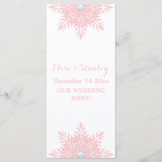Carte de menu mariage blanc rose flocon moderne (Devant)