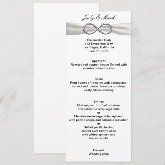 Carte de menu Mariage blanc Silver Infinity (Devant / Derrière)