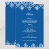 Carte de menu Mariage bleu blanc Damask Arabesque (Devant / Derrière)