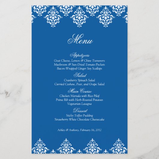Carte de menu Mariage bleu blanc Damask Arabesque (Devant)