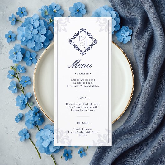 Carte de menu Mariage bleu classique de la marine