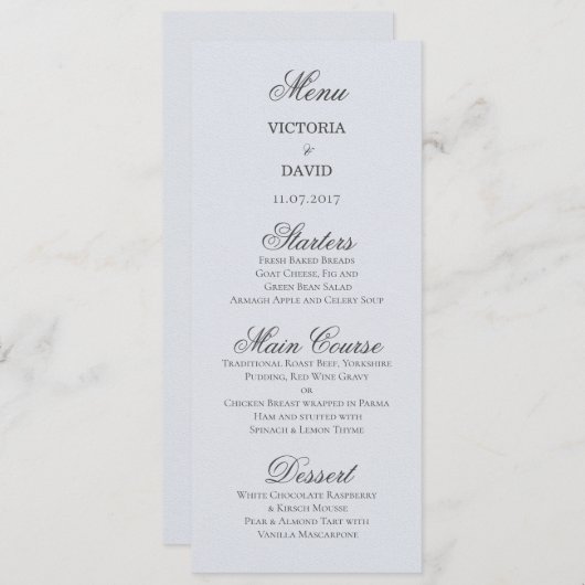 Carte de menu Mariage bleu forêt enchantée (Devant / Derrière)