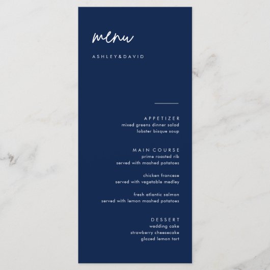 Carte de menu Mariage bleu marine moderne (Devant)