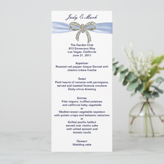 Carte de menu Mariage Blue Diamond Bow (Debout devant)