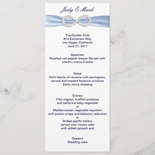 Carte de menu Mariage Blue Diamond Infinity (Devant)