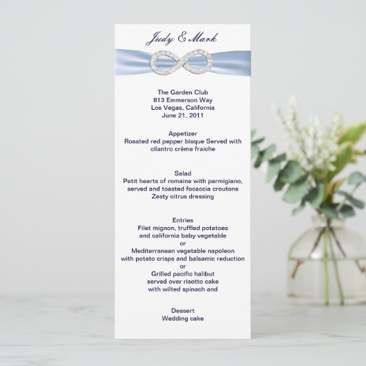 Carte de menu Mariage Blue Diamond Infinity (Debout devant)
